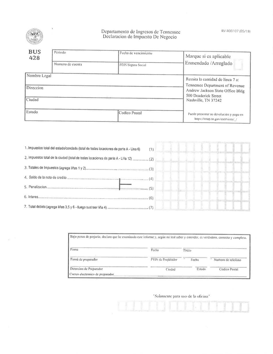 Formulario BUS428 (RV-R00107) Declaracion De Impuesto De Negocio - Tennessee (Spanish), Page 1