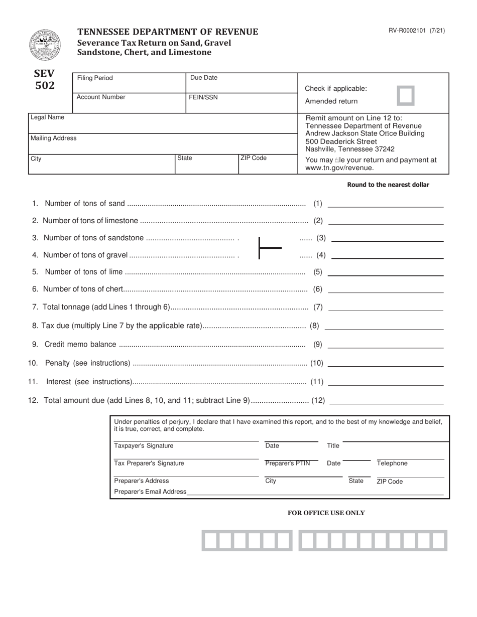 Form SEV502 (RV-R0002101) Severance Tax Return on Sand, Gravel Sandstone, Chert, and Limestone - Tennessee, Page 1
