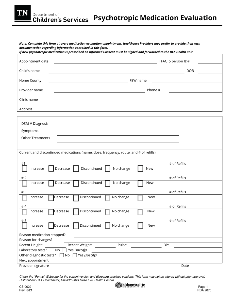 Form CS-0629 Psychotropic Medication Evaluation - Tennessee, Page 1