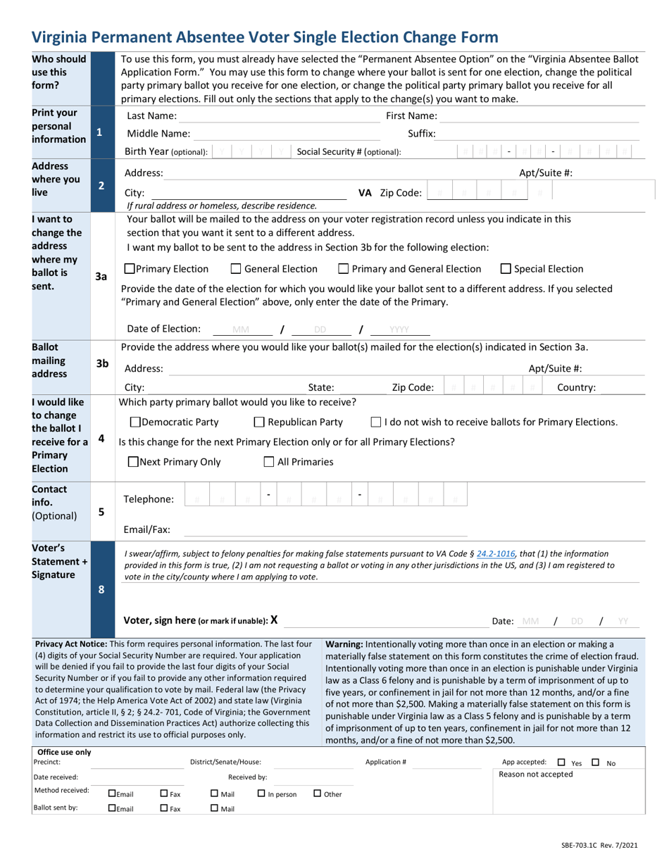 Form SBE-703.1C Virginia Permanent Absentee Voter Single Election Change Form - Virginia, Page 1