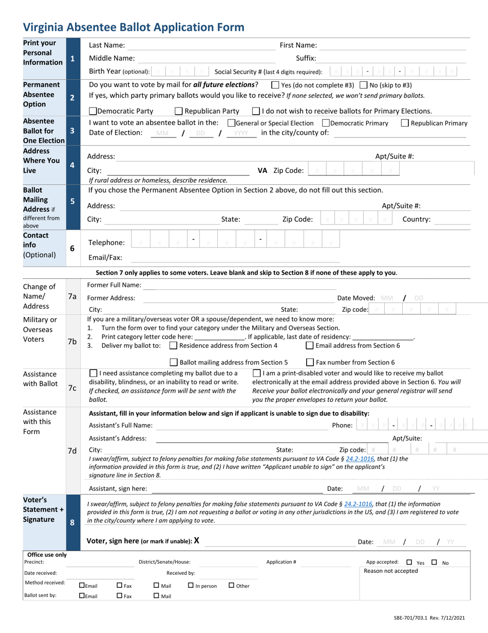 Form SBE-701 / 703.1 Virginia Absentee Ballot Application Form - Virginia, Page 1