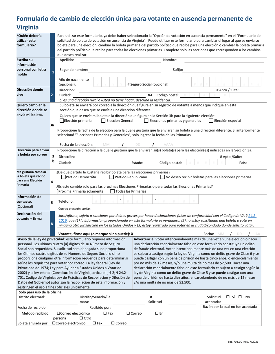Formulario SBE-703.1C Formulario De Cambio De Eleccion Unica Para Votante En Ausencia Permanente De Virginia - Virginia (Spanish), Page 1