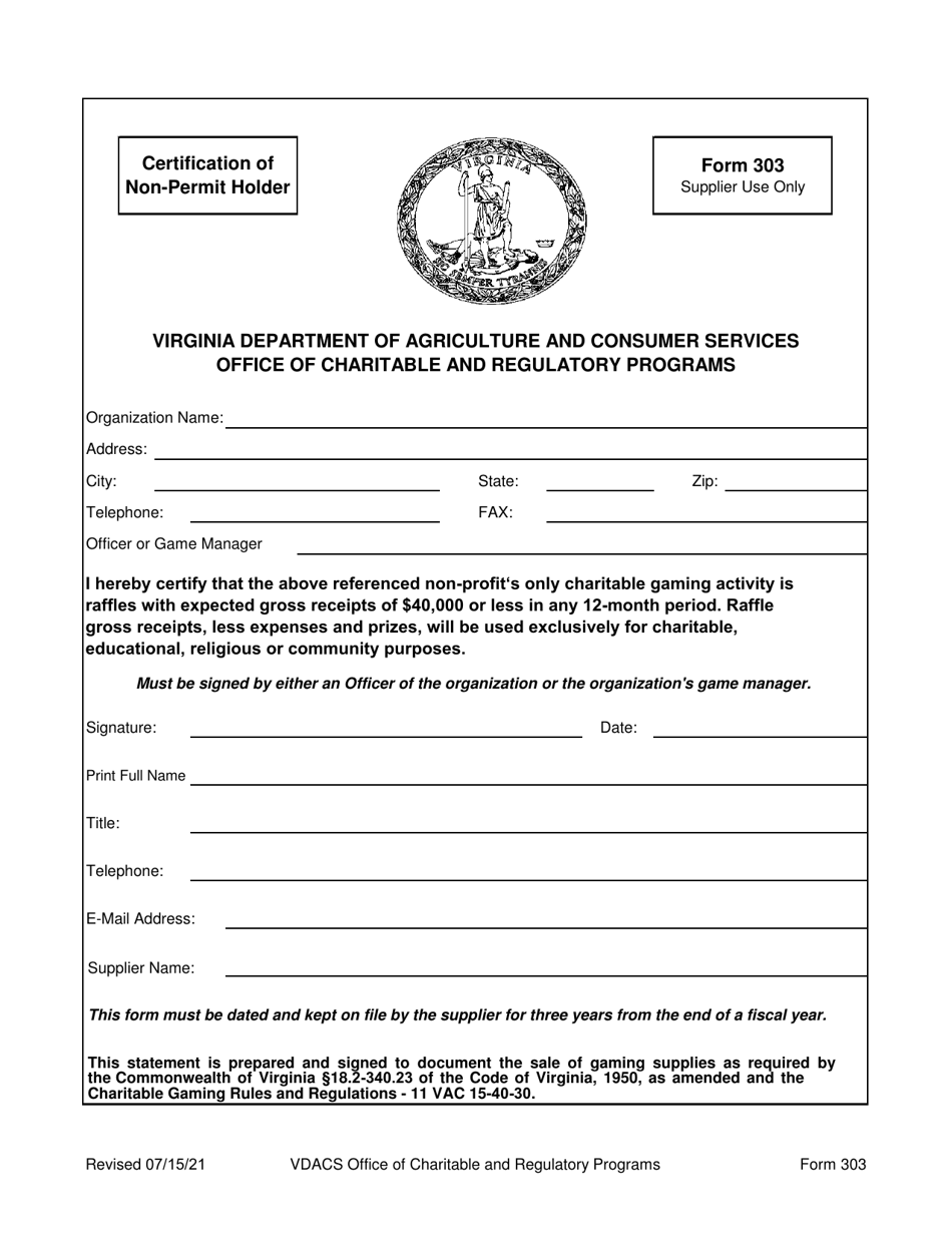 Form 303 Certification of Non-permit Holder - Virginia, Page 1