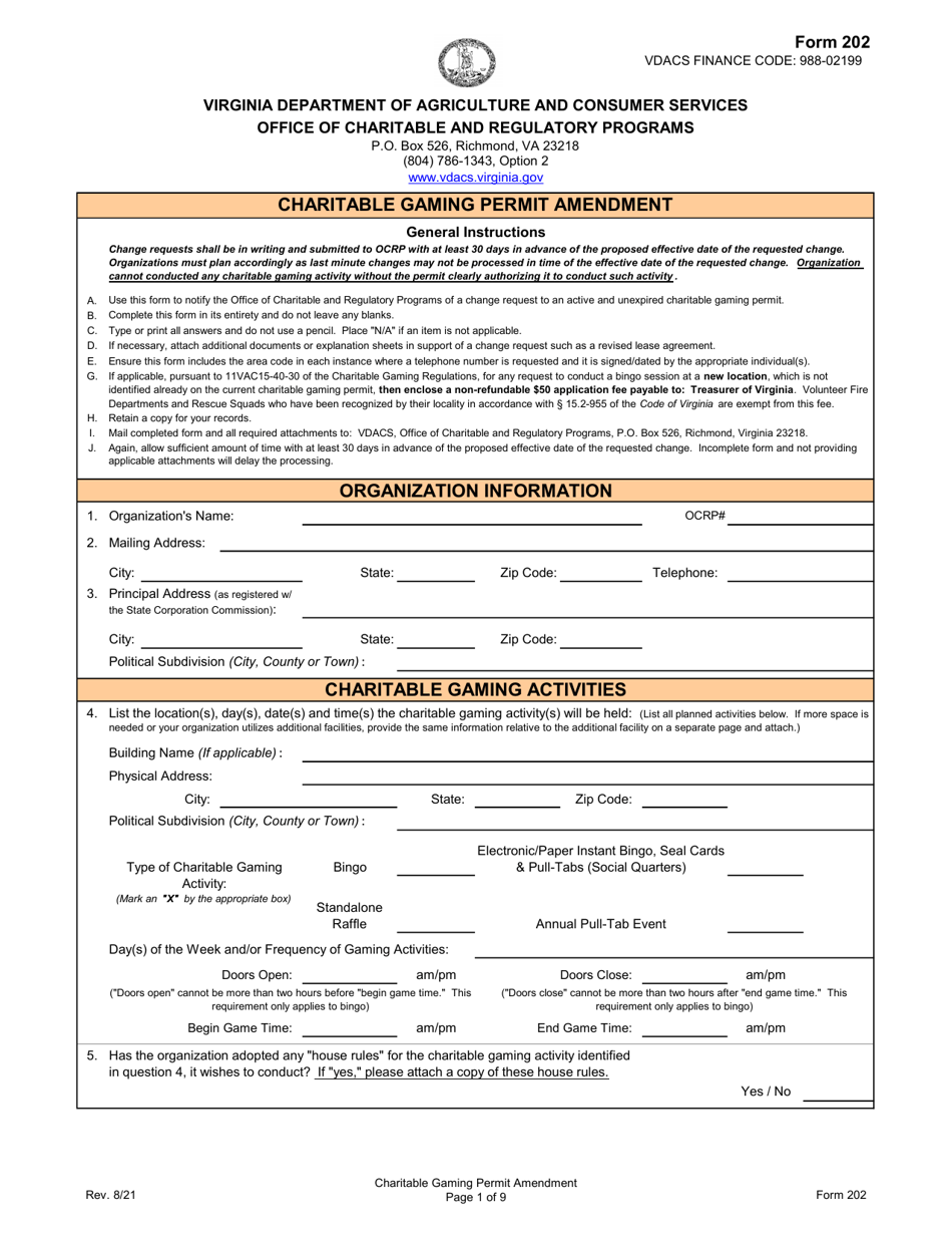 Form 202 Charitable Gaming Permit Amendment - Virginia, Page 1