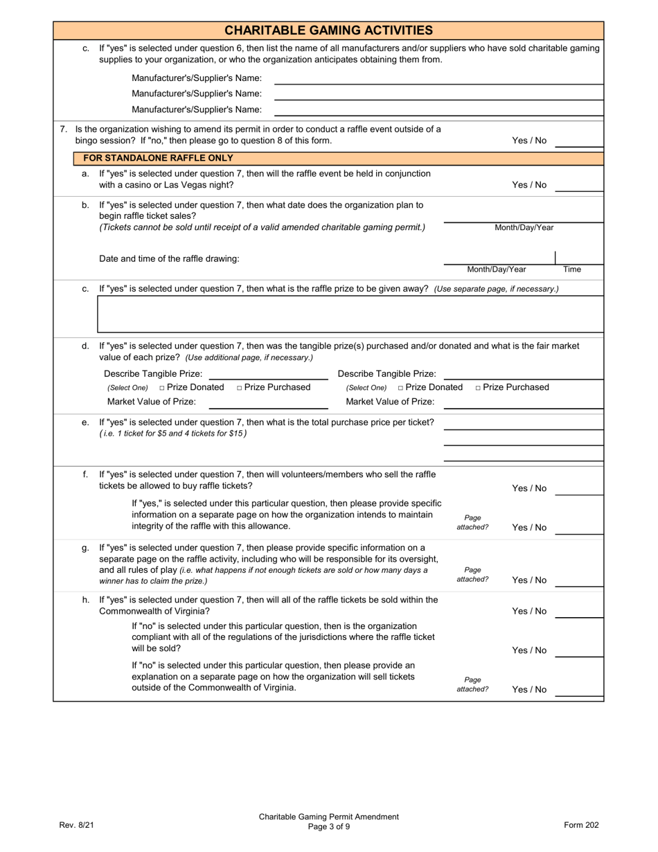 Form 202 Charitable Gaming Permit Amendment - Virginia, Page 3