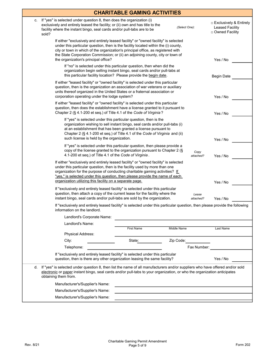 Form 202 Charitable Gaming Permit Amendment - Virginia, Page 5
