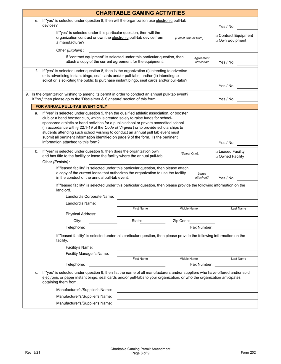 Form 202 Charitable Gaming Permit Amendment - Virginia, Page 6