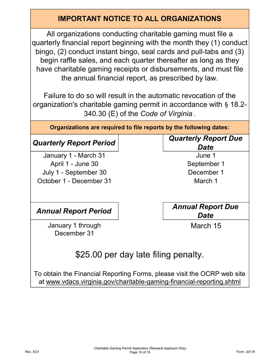 Form 201-R Charitable Gaming Permit Application (Renewal Applicant Only) - Virginia, Page 10