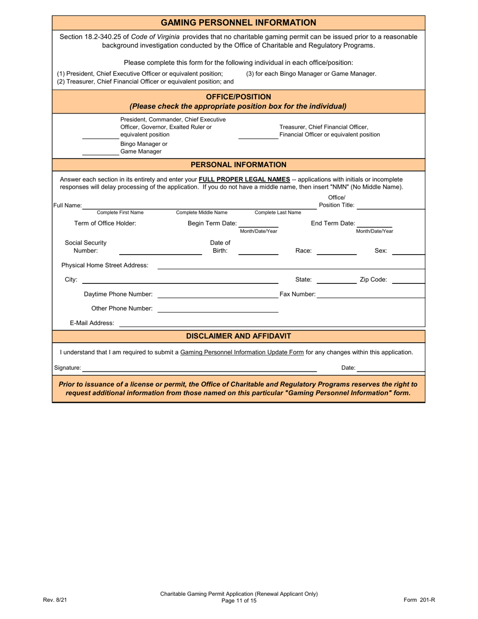 Form 201-R Charitable Gaming Permit Application (Renewal Applicant Only) - Virginia, Page 11