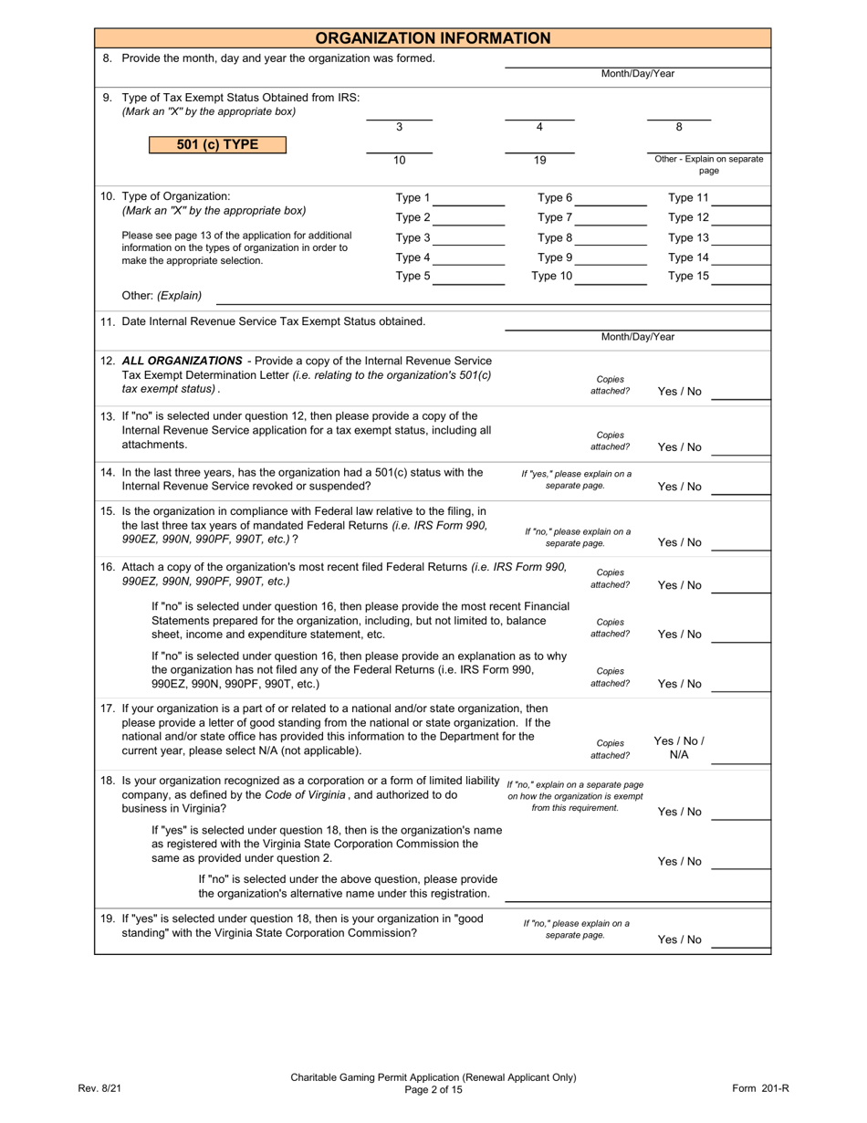 Form 201-R Charitable Gaming Permit Application (Renewal Applicant Only) - Virginia, Page 2