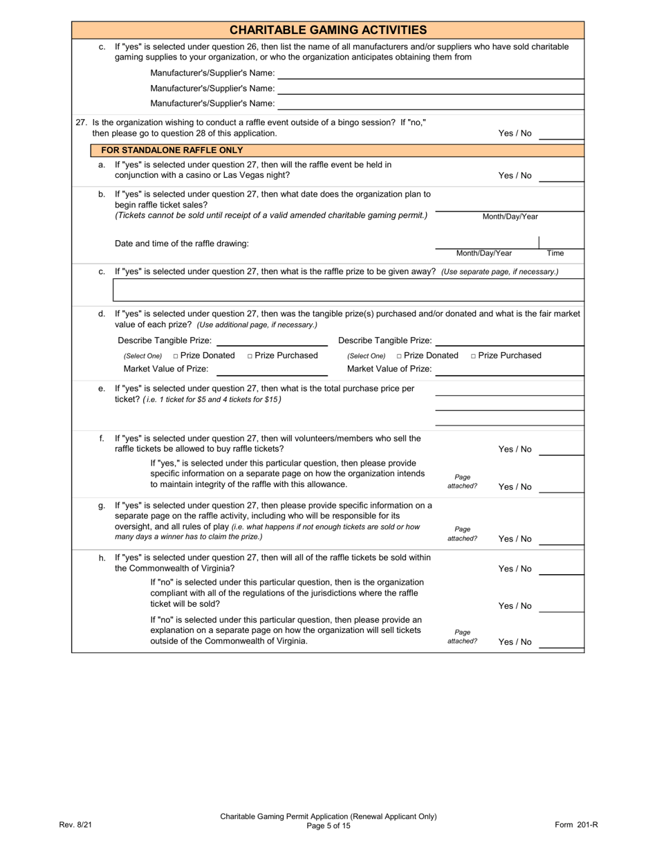 Form 201-R Charitable Gaming Permit Application (Renewal Applicant Only) - Virginia, Page 5
