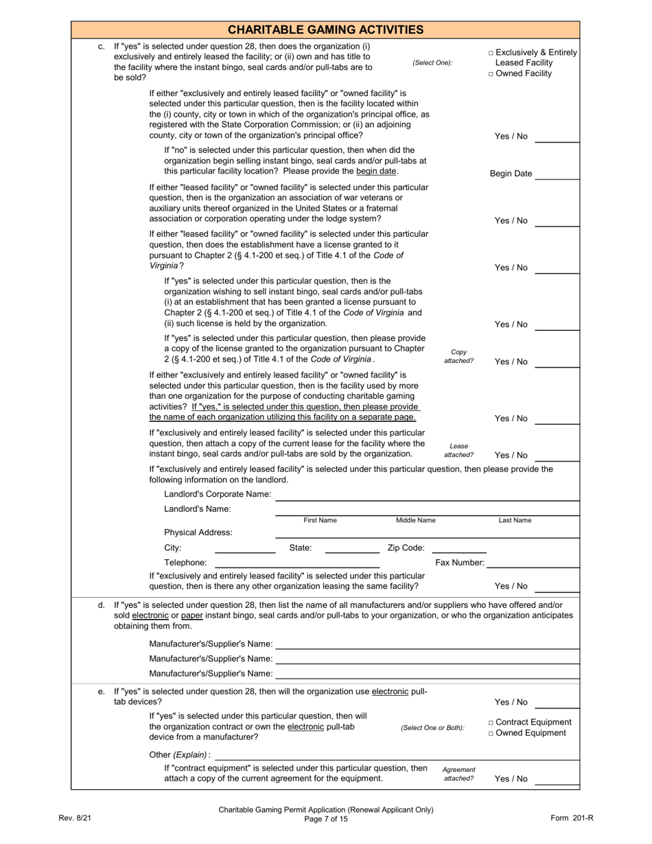 Form 201-R Charitable Gaming Permit Application (Renewal Applicant Only) - Virginia, Page 7