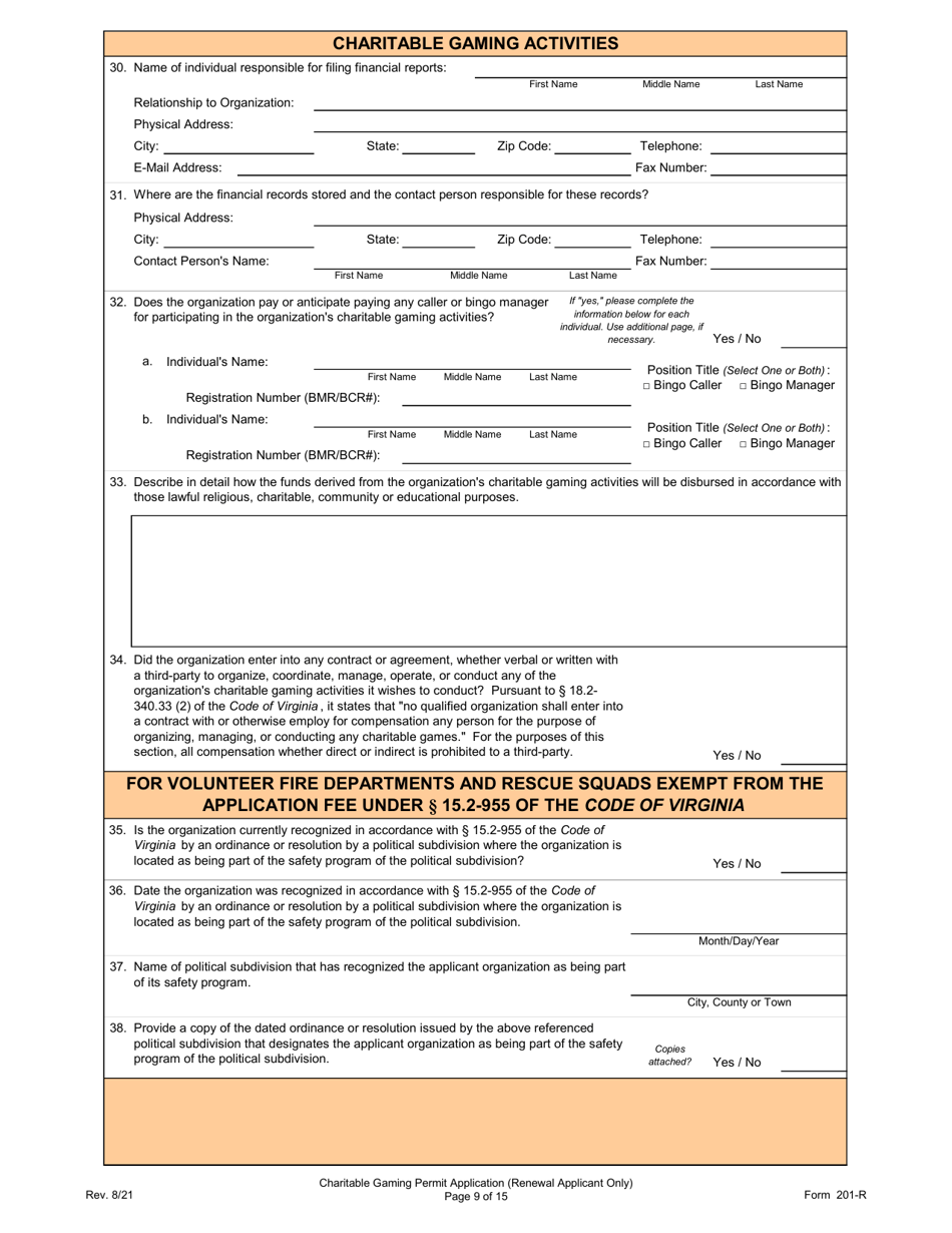 Form 201-R Charitable Gaming Permit Application (Renewal Applicant Only) - Virginia, Page 9