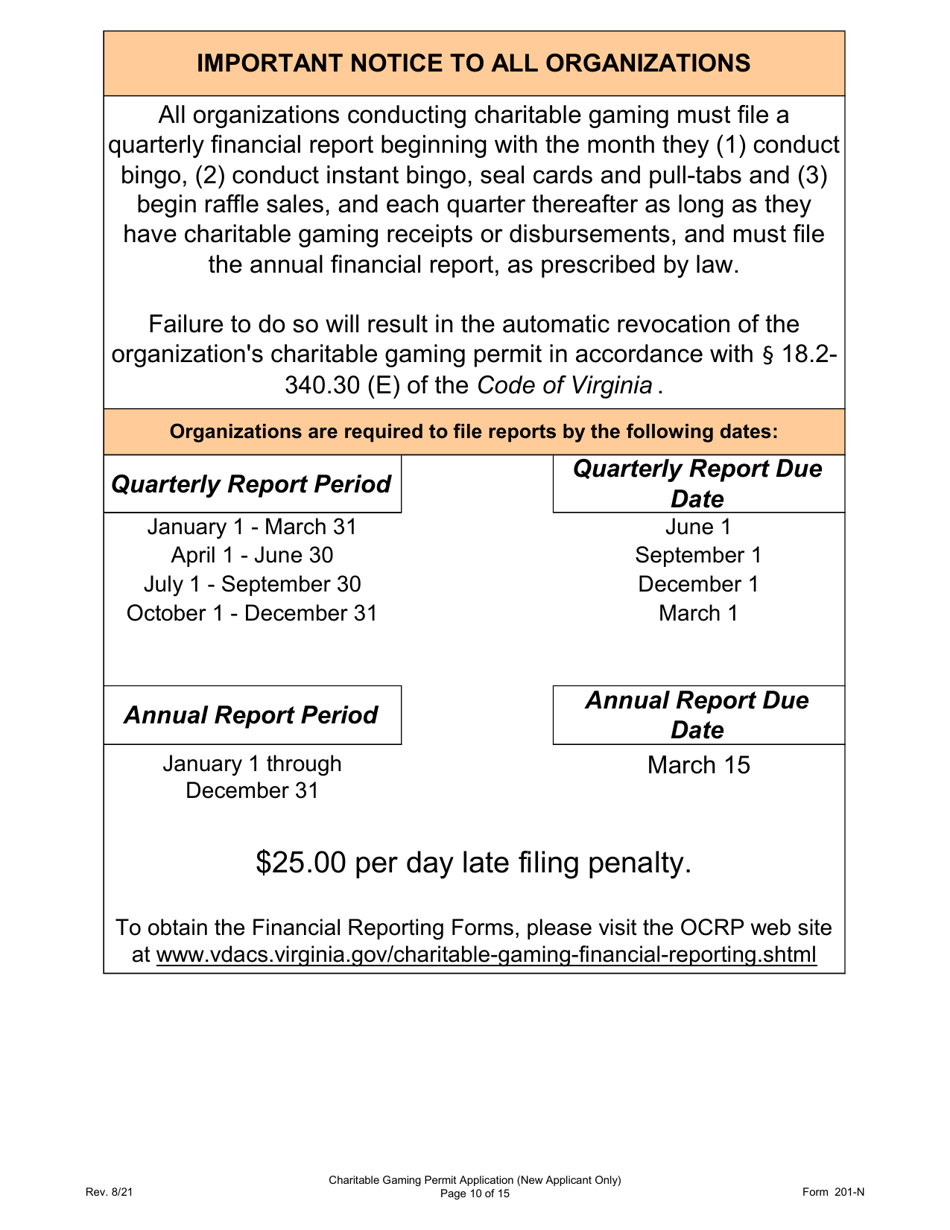 Form 201-N Charitable Gaming Permit Application (New Applicant Only) - Virginia, Page 10