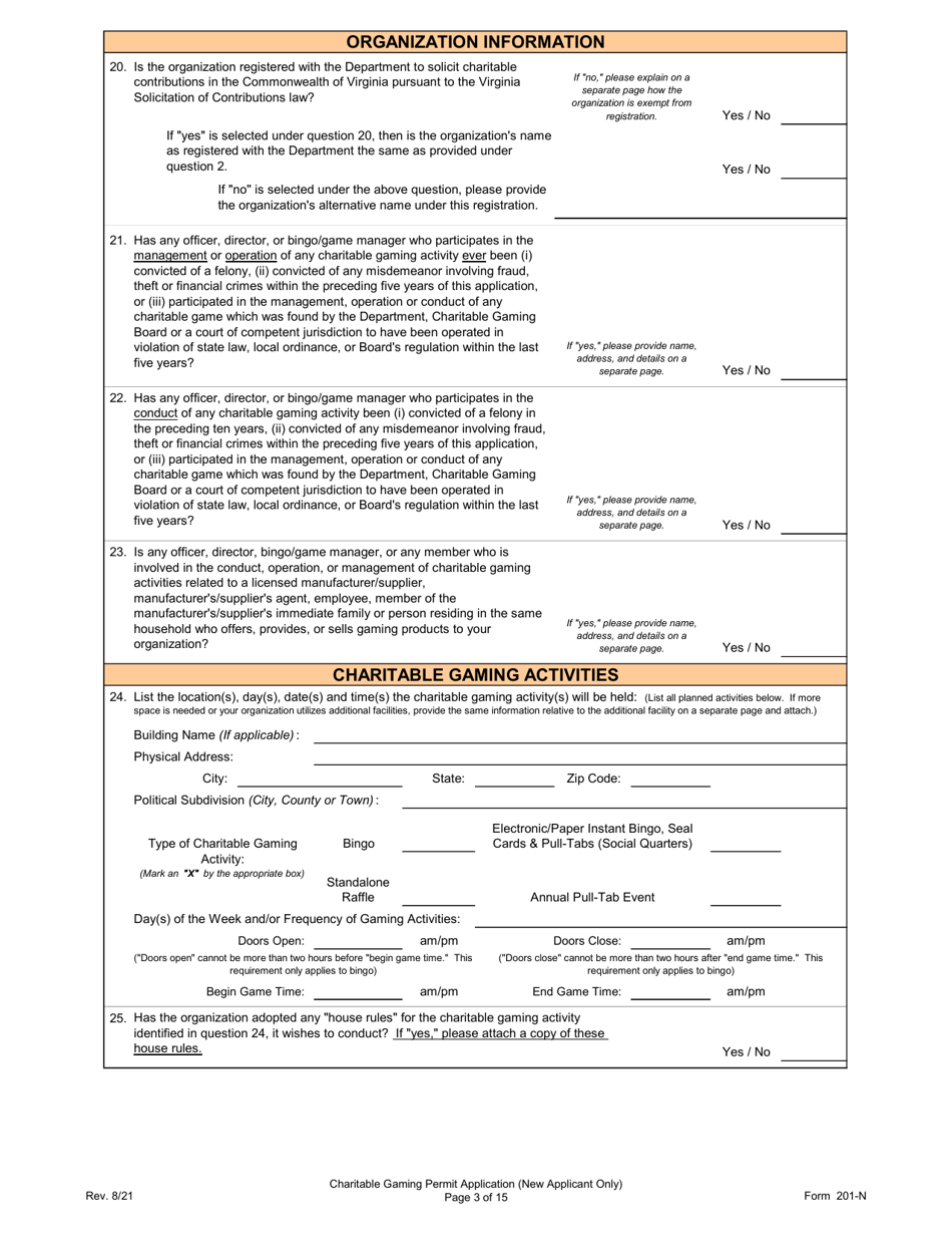 Form 201-N Charitable Gaming Permit Application (New Applicant Only) - Virginia, Page 3