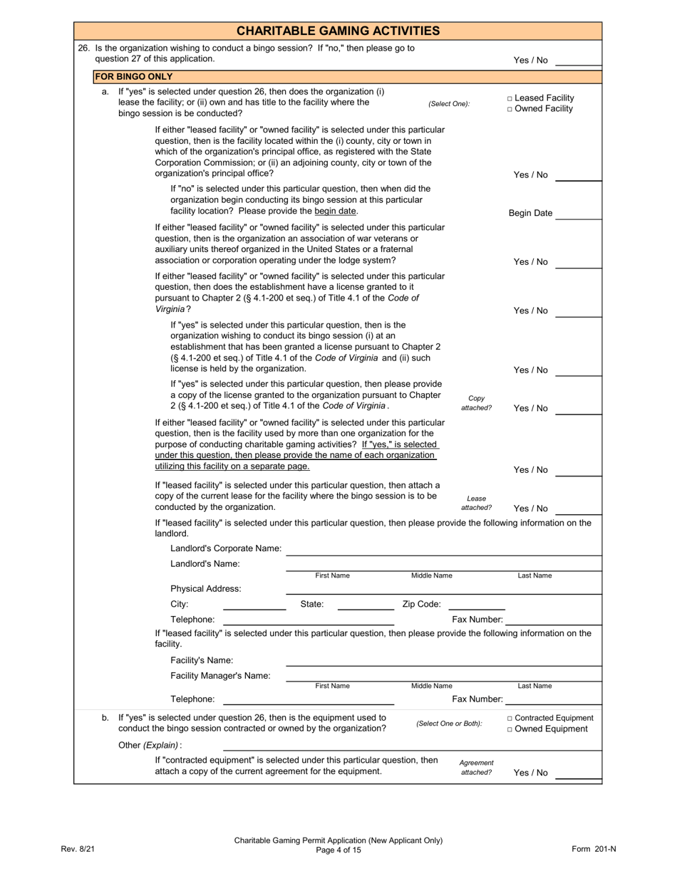 Form 201-N Charitable Gaming Permit Application (New Applicant Only) - Virginia, Page 4