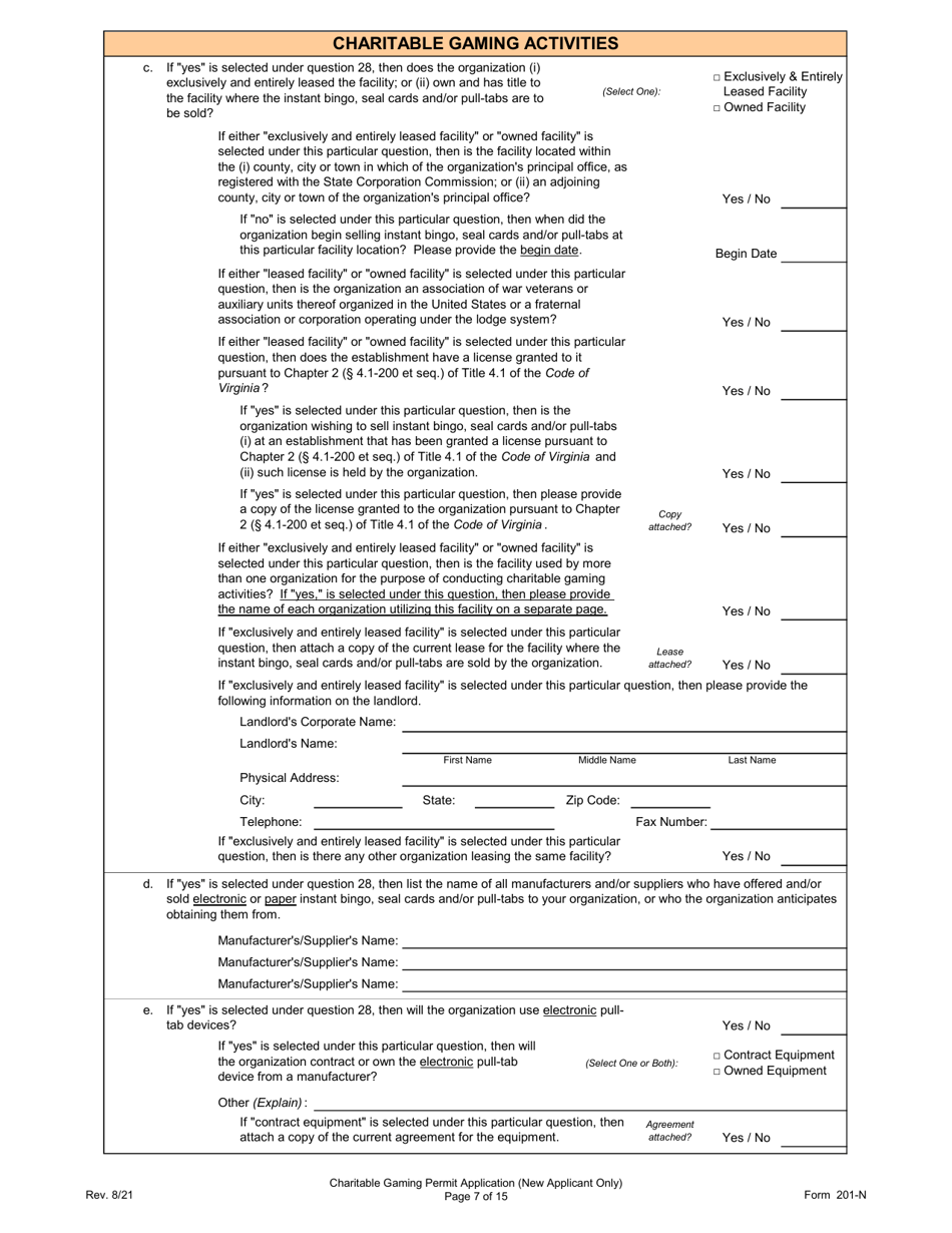 Form 201-N Charitable Gaming Permit Application (New Applicant Only) - Virginia, Page 7