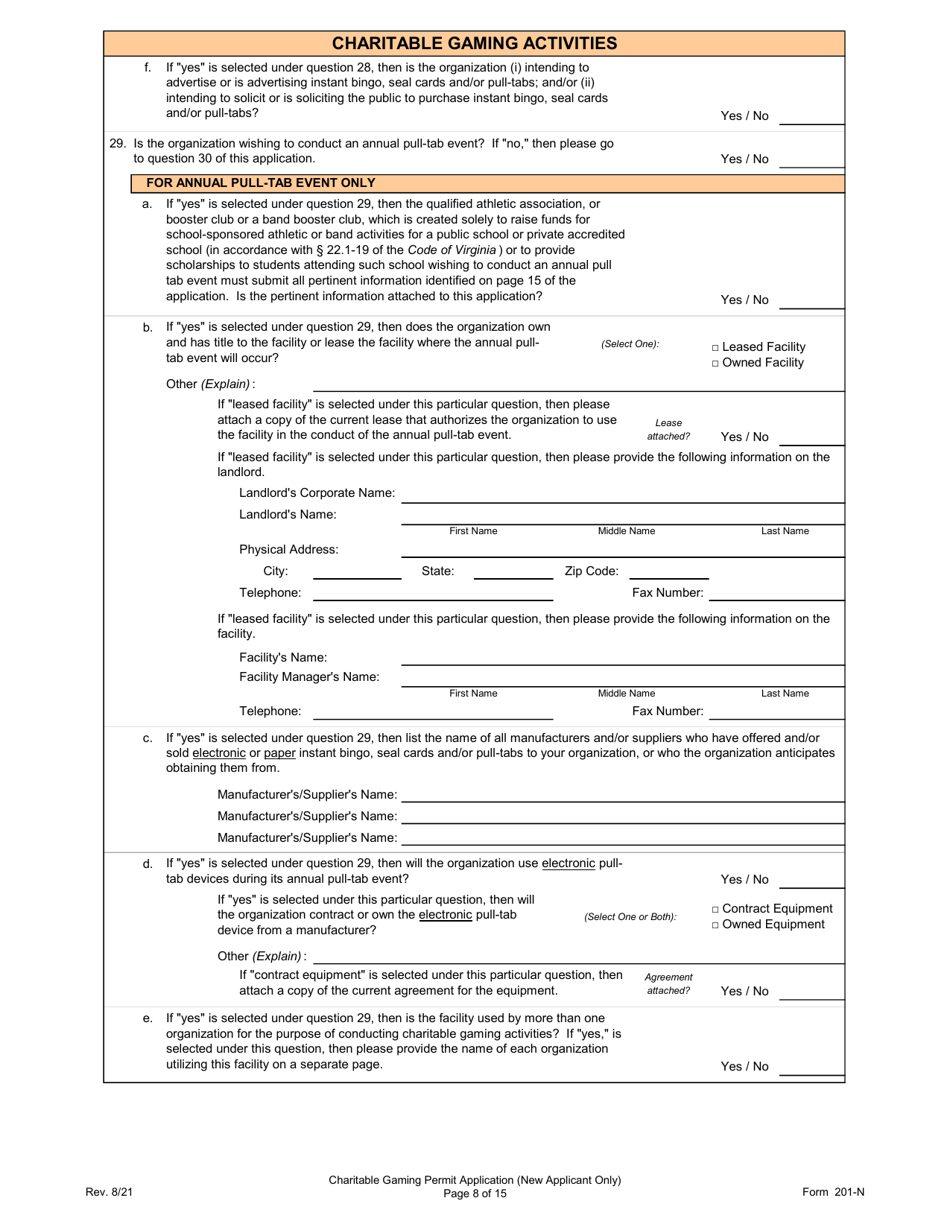 Form 201-N Charitable Gaming Permit Application (New Applicant Only) - Virginia, Page 8