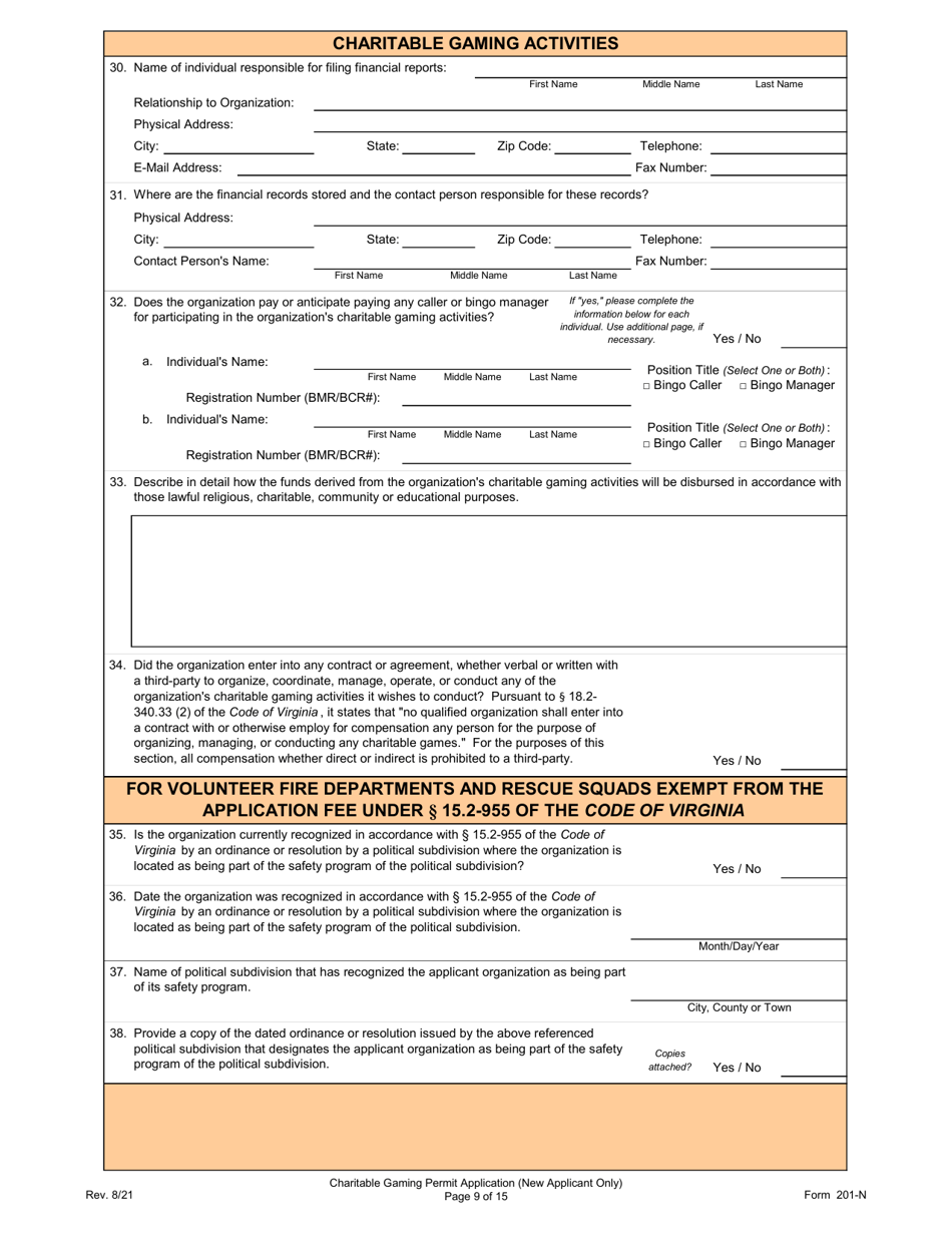 Form 201-N Charitable Gaming Permit Application (New Applicant Only) - Virginia, Page 9