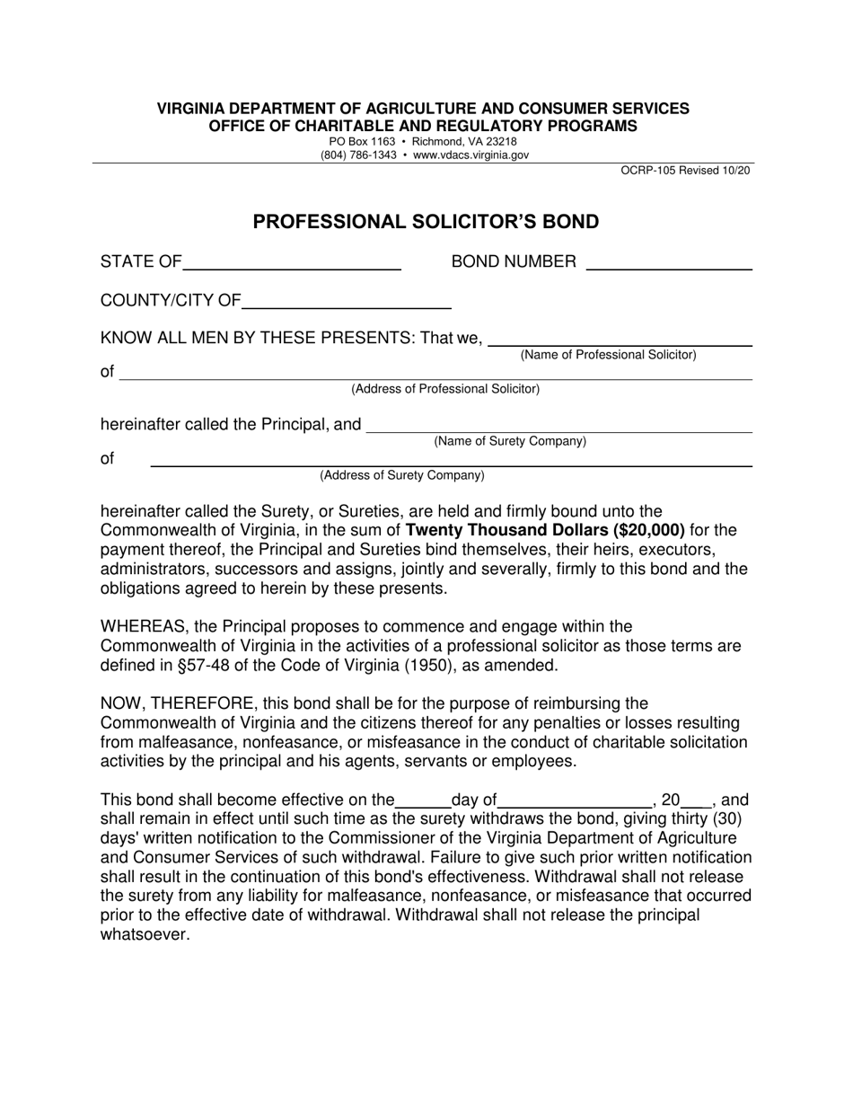 Form OCRP-105 Professional Solicitors Bond - Virginia, Page 1