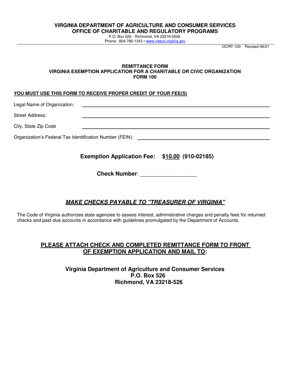 Form OCRP-100 Virginia Exemption Application for Charitable or Civic Organization - Virginia, Page 1