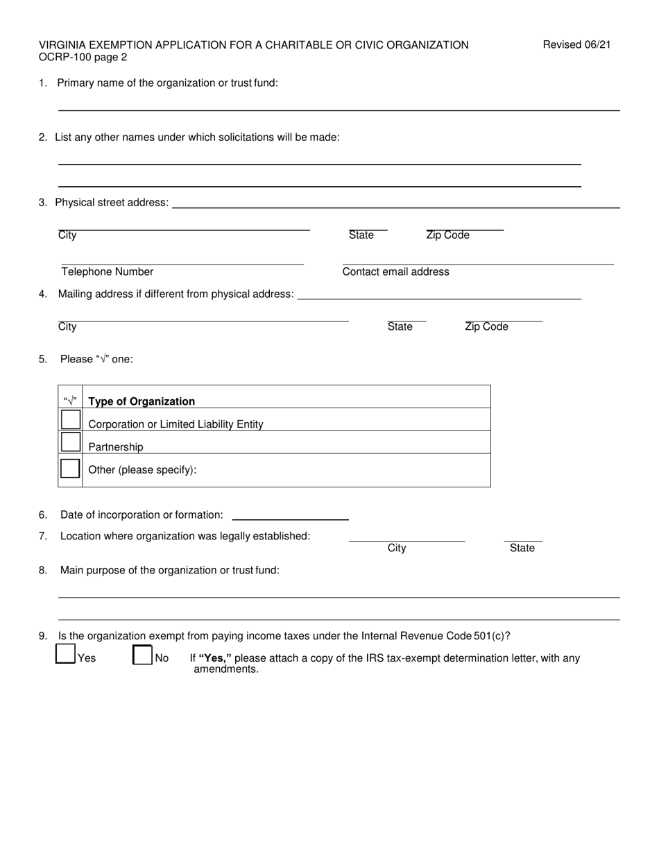 Form OCRP-100 Virginia Exemption Application for Charitable or Civic Organization - Virginia, Page 3