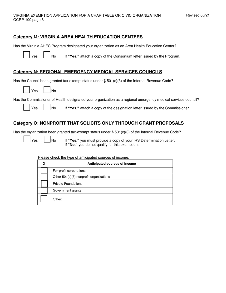 Form OCRP-100 Virginia Exemption Application for Charitable or Civic Organization - Virginia, Page 9