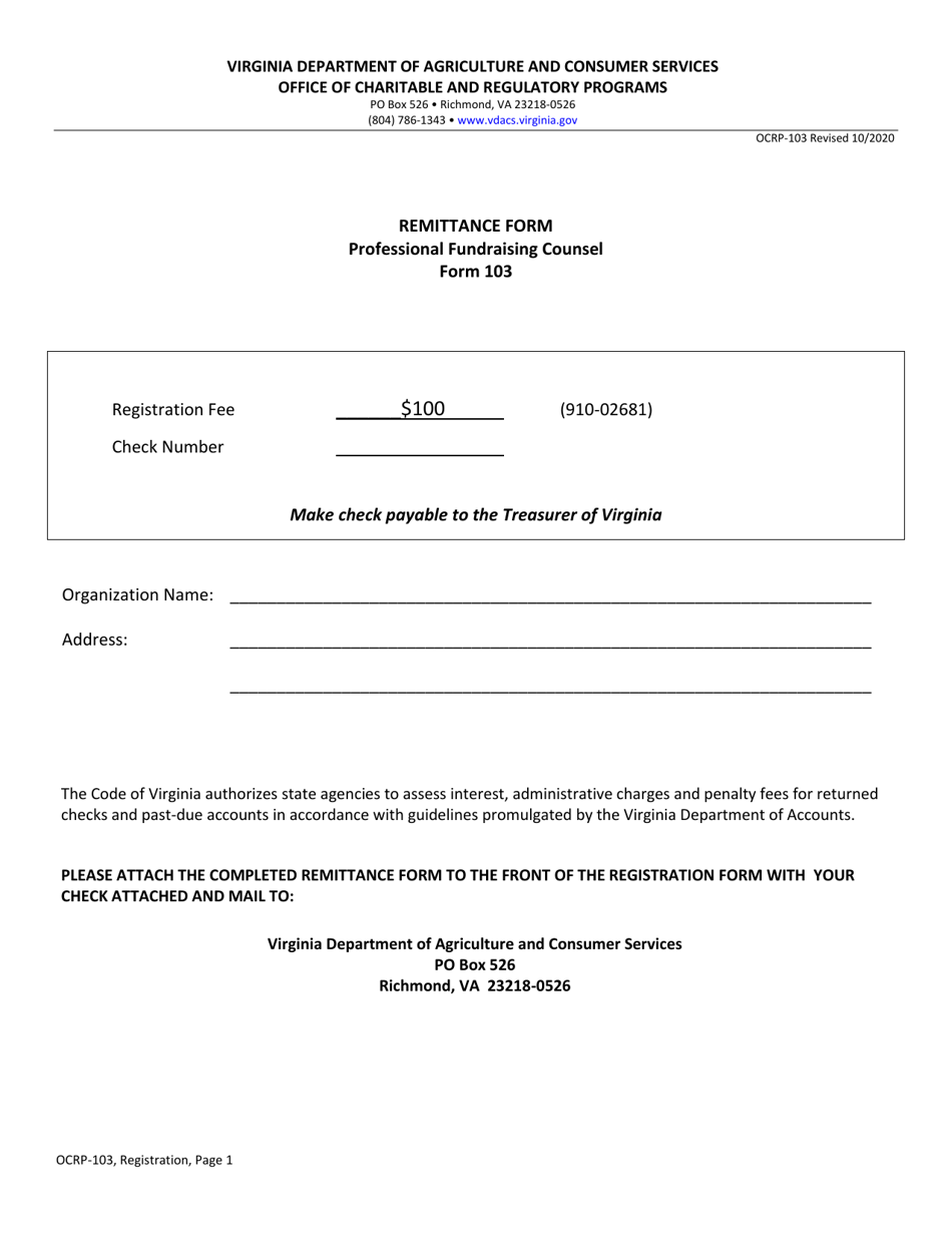 Form OCRP-103 Professional Fundraising Counsel Registration - Virginia, Page 1