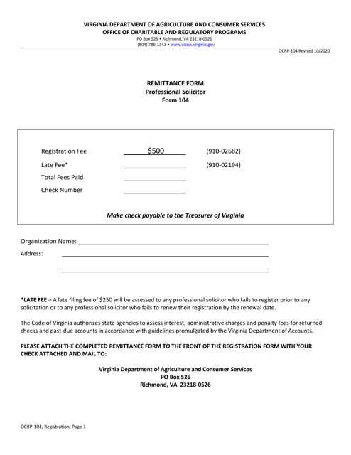 Form OCRP-104 Professional Solicitor Registration - Virginia