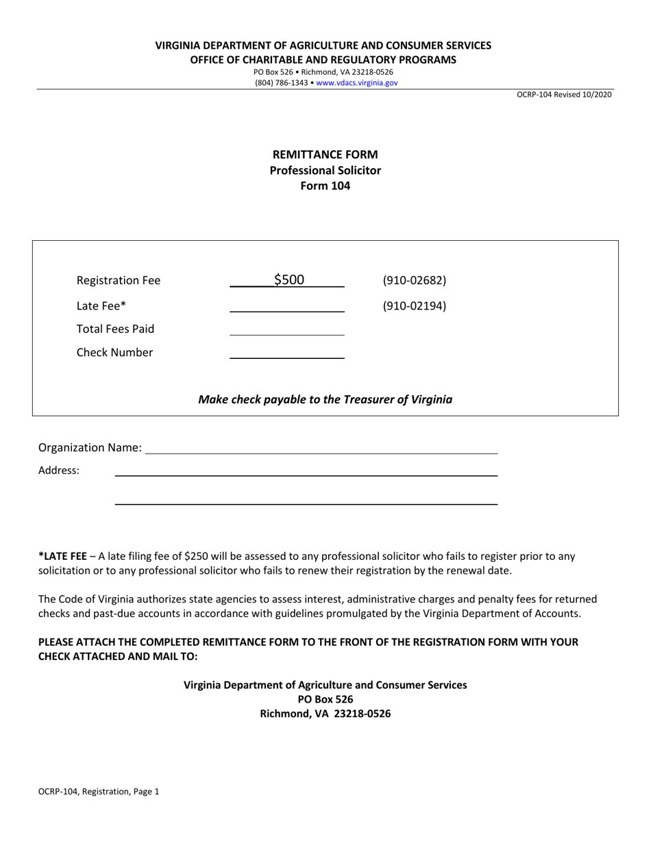 Form OCRP-104 Professional Solicitor Registration - Virginia, Page 1