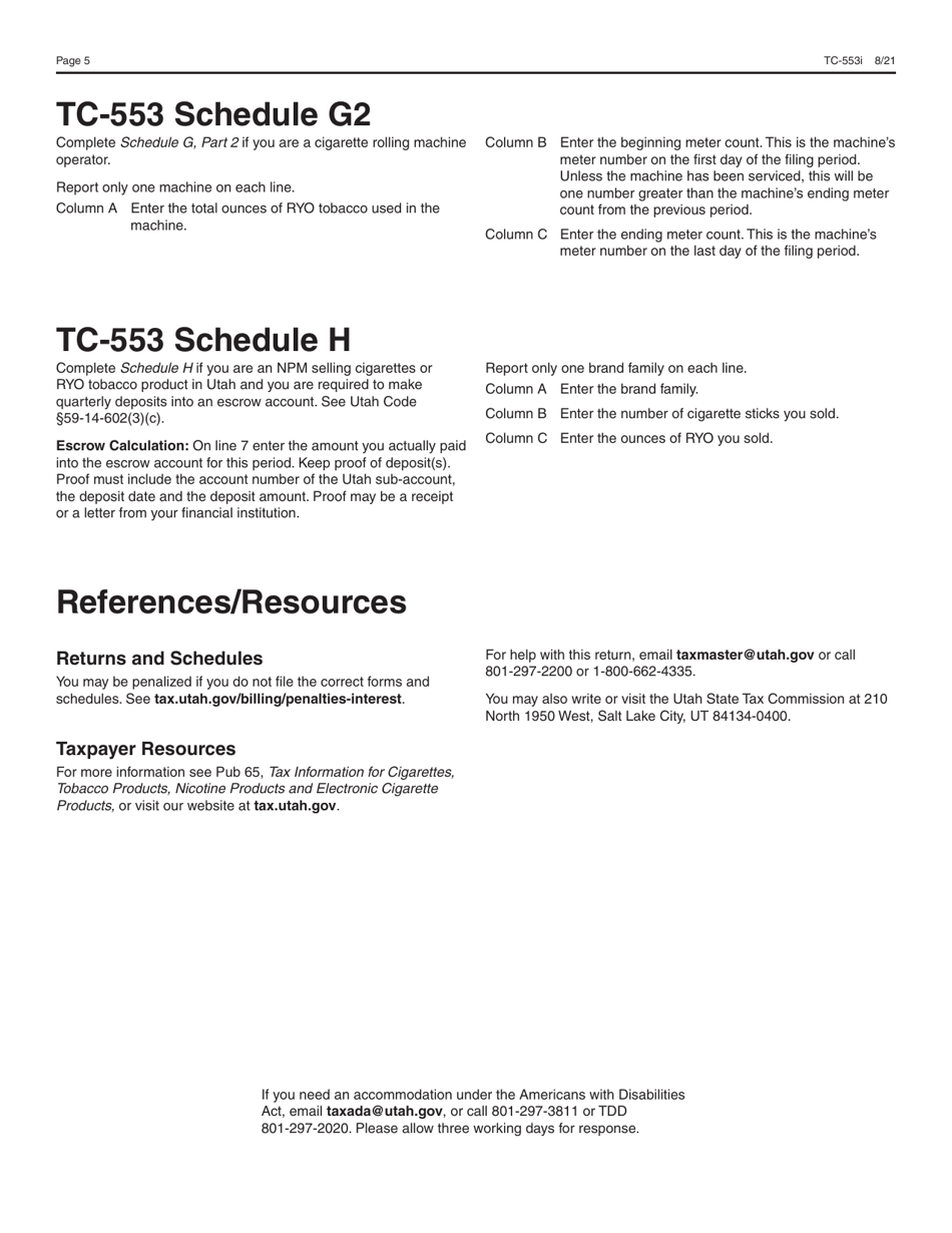 Instructions for Form TC-553 Tobacco Products Tax Return - Utah, Page 5