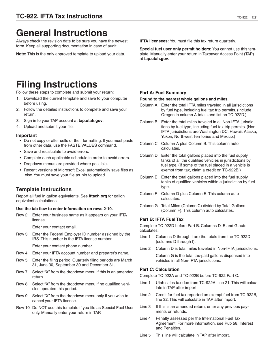 Instructions for Form TC-922 Ifta Tax Return - Utah, Page 1