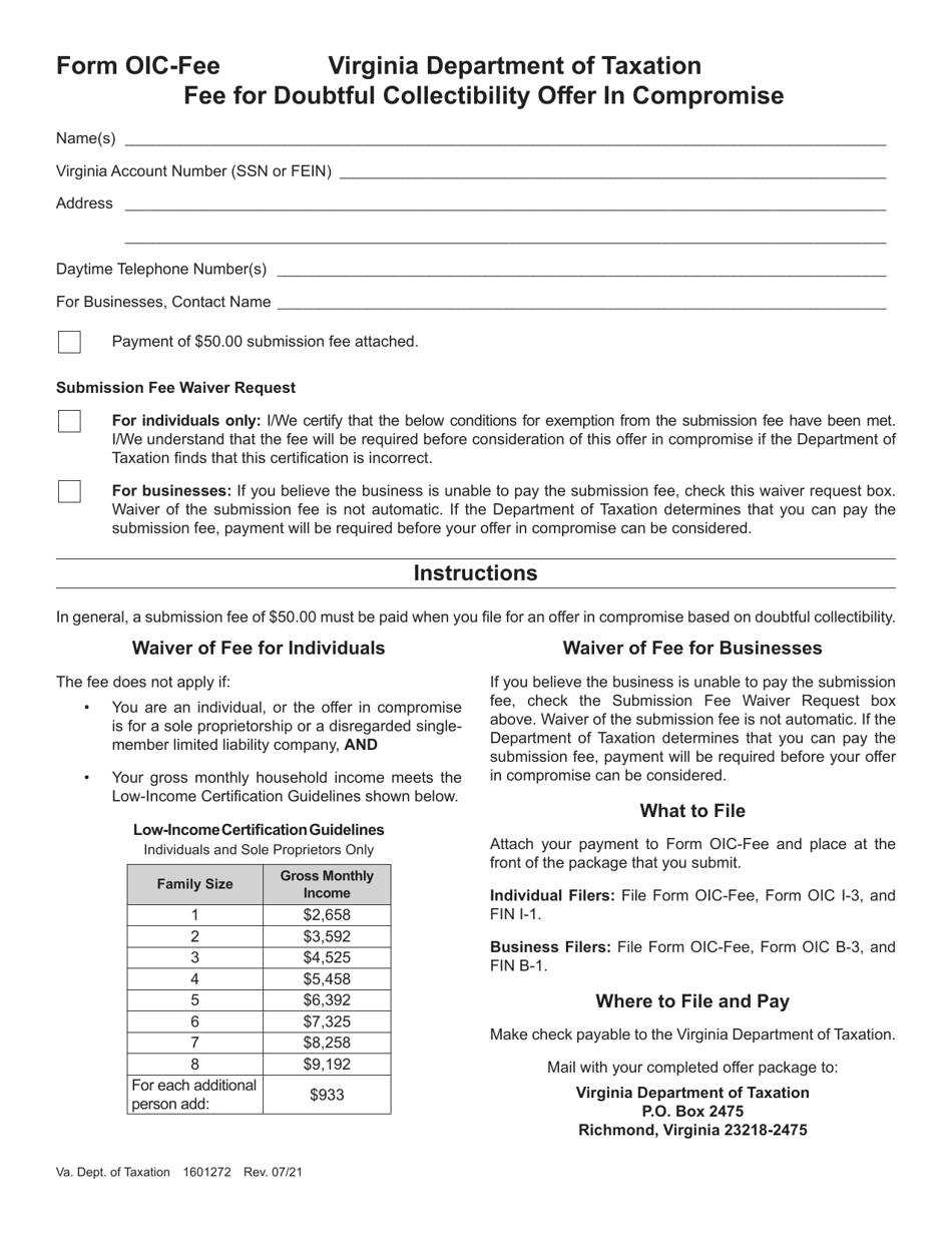 Form OIC-FEE Fee for Doubtful Collectibility Offer in Compromise - Virginia, Page 1