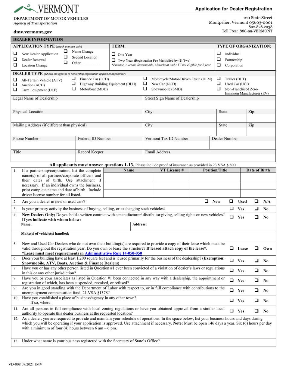 Form VD-008 Application for Dealer Registration - Vermont, Page 1