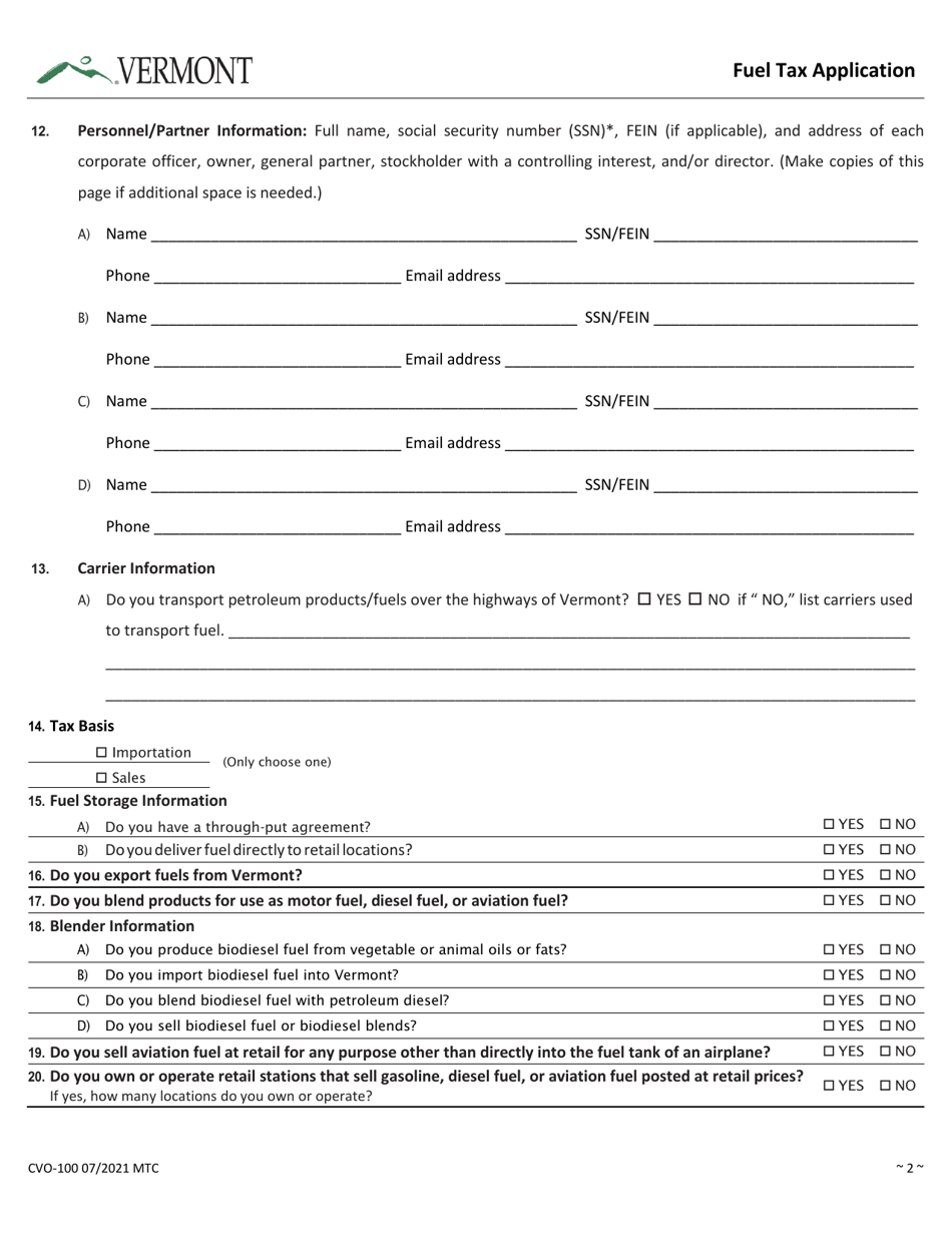 Form CVO-100 Fuel Tax Application - Vermont, Page 3