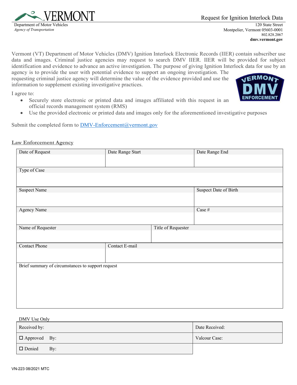 Form VN-223 Request for Ignition Interlock Data - Vermont, Page 1