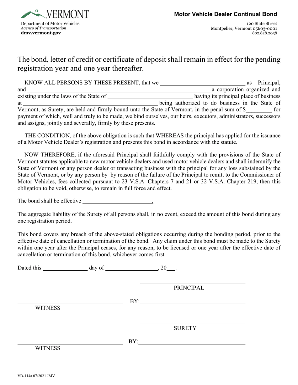 Form VD-114A Motor Vehicle Dealer Continual Bond - Vermont, Page 1