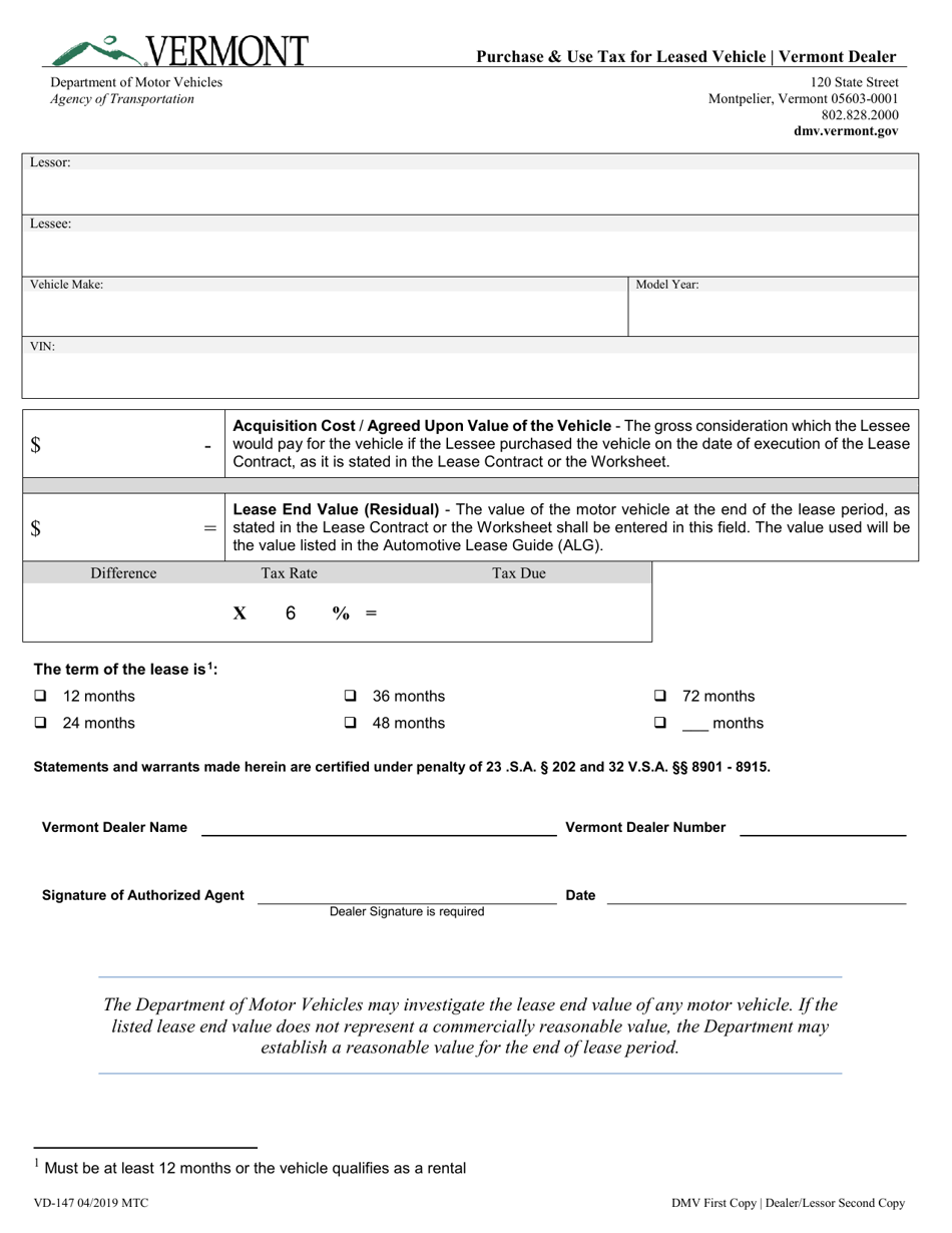 Form Vd-147 Download Fillable Pdf Or Fill Online Purchase & Use Tax For 