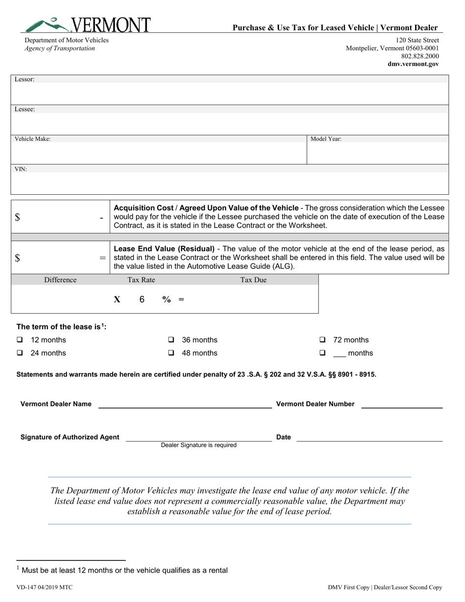Form VD-147 Purchase  Use Tax for Leased Vehicle - Vermont, Page 1