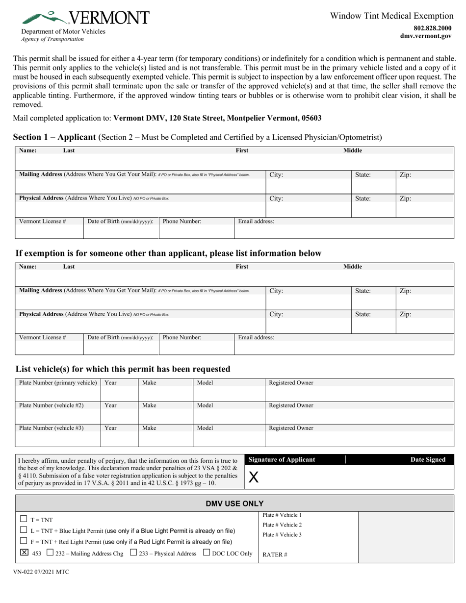 Form VN-022 Window Tint Medical Exemption - Vermont, Page 1