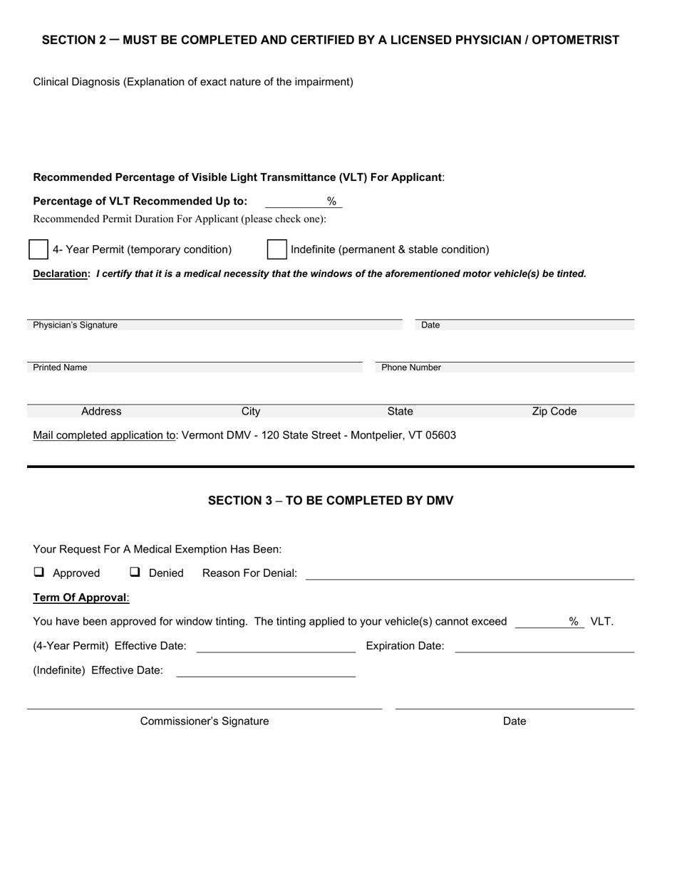 Form VN-022 Window Tint Medical Exemption - Vermont, Page 2