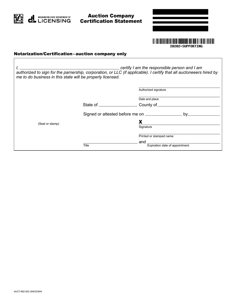 Form AUCT-682-002 Auction Company Certification Statement - Washington, Page 1