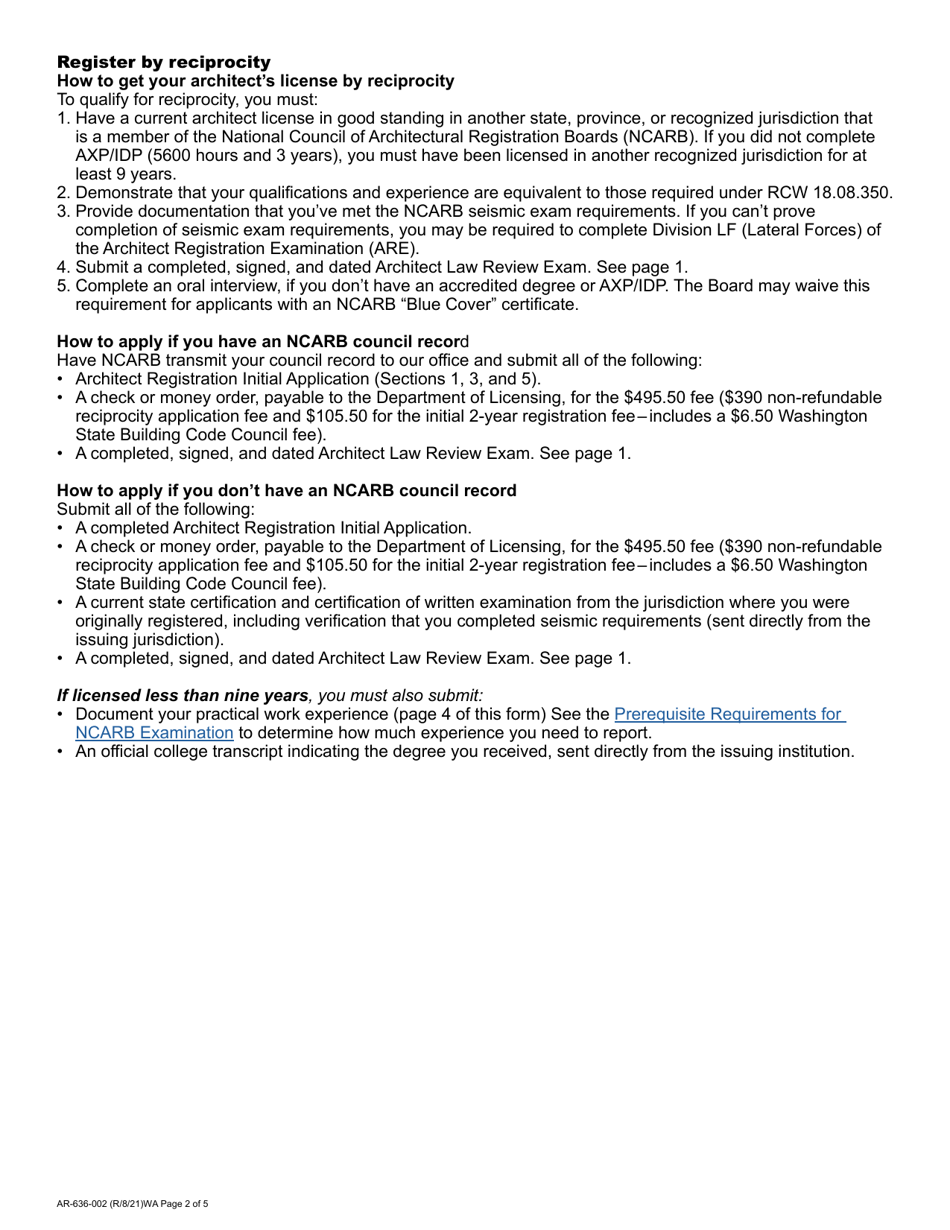 Form AR-636-002 Architect Registration Initial Application - Washington, Page 2
