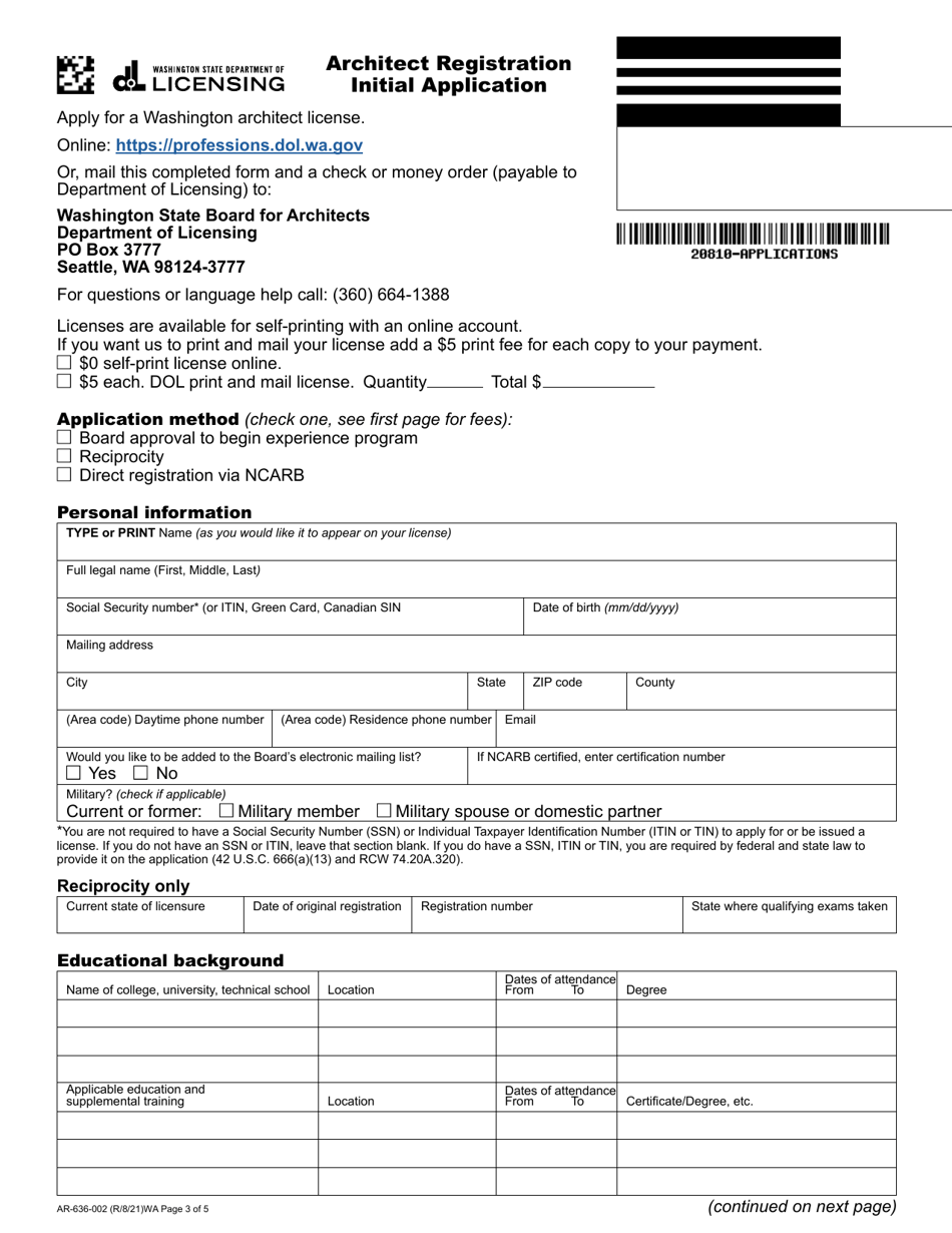 Form AR-636-002 Architect Registration Initial Application - Washington, Page 3