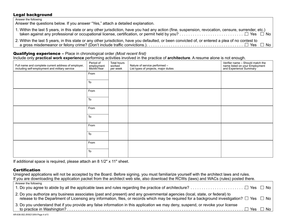 Form AR-636-002 Architect Registration Initial Application - Washington, Page 4