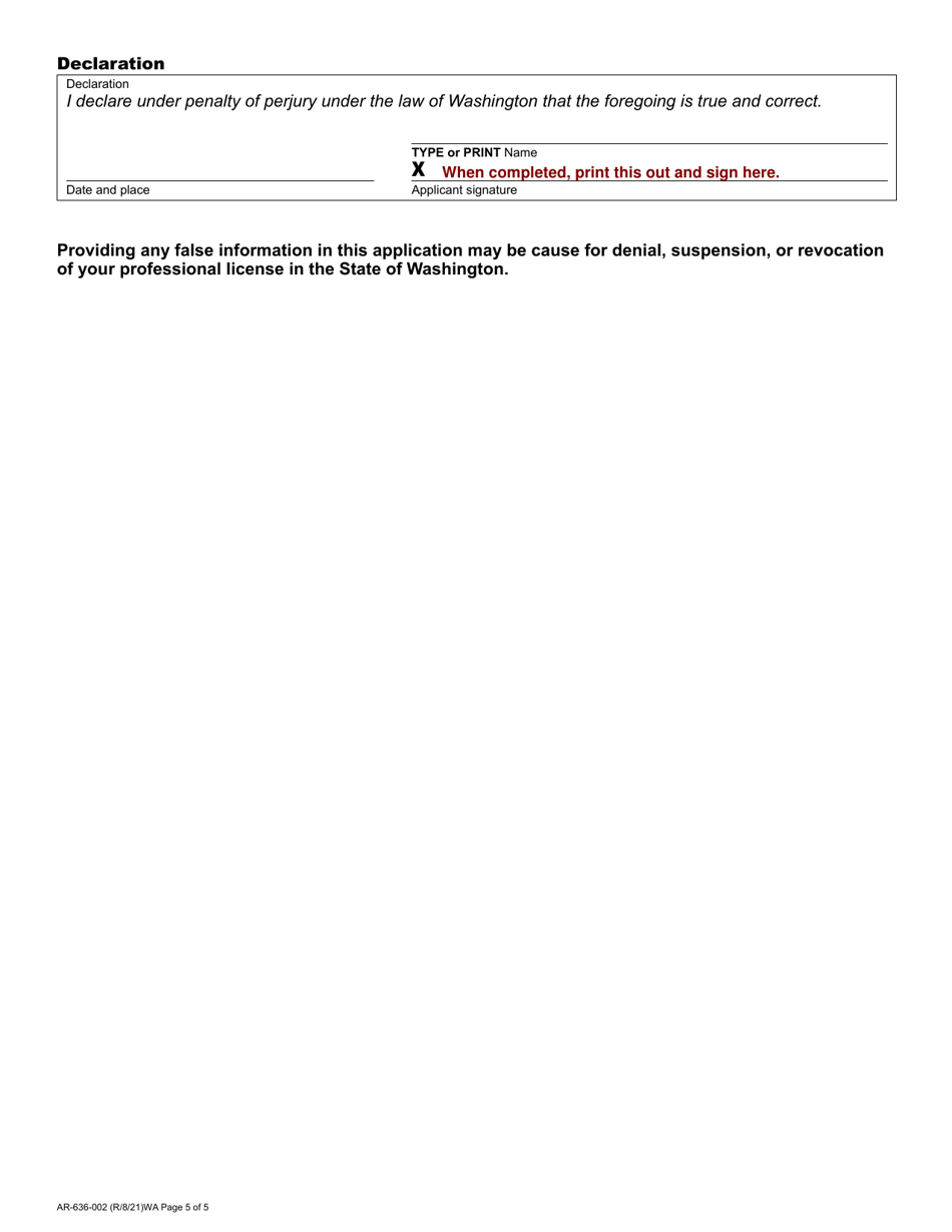 Form AR-636-002 Architect Registration Initial Application - Washington, Page 5