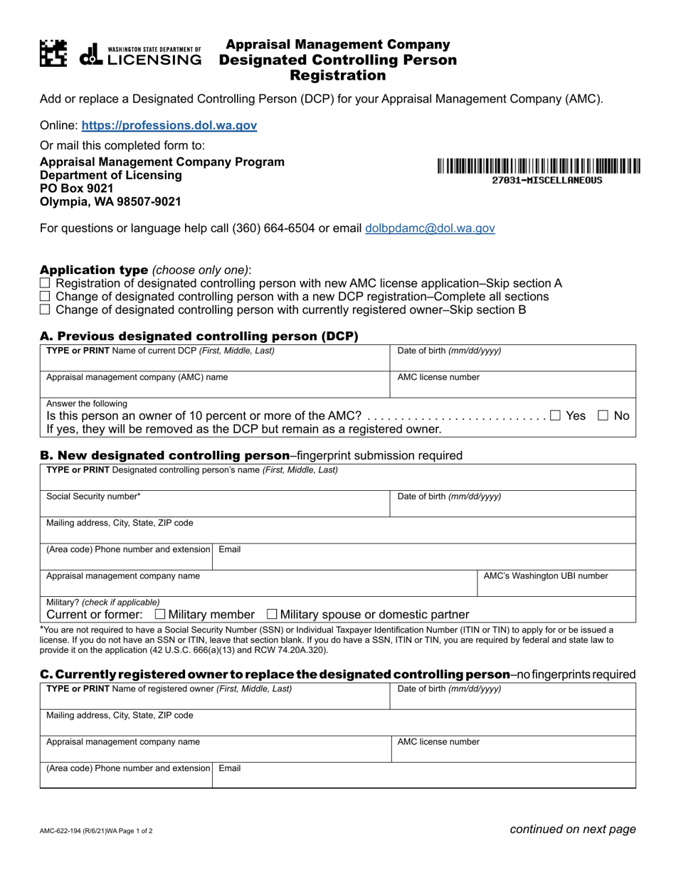 Form AMC-622-194 Appraisal Management Company Designated Controlling Person Registration - Washington, Page 1