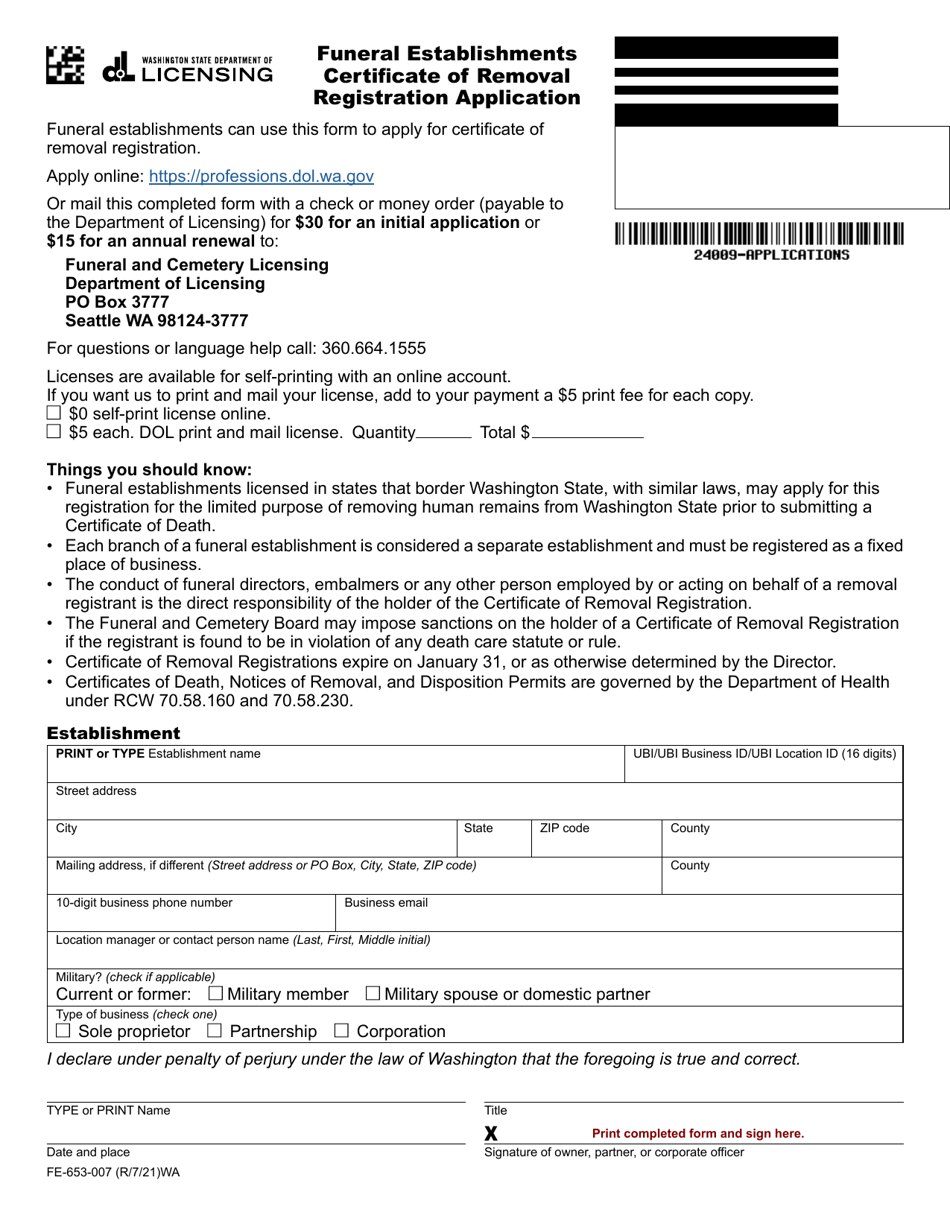 Form FE-653-007 Funeral Establishments Certificate of Removal Registration Application - Washington, Page 1