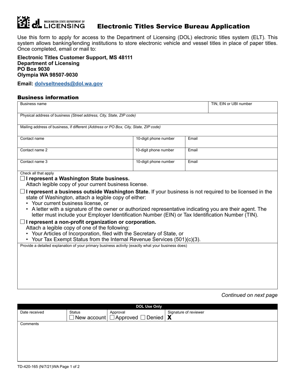 Form TD-420-165 Electronic Titles Service Bureau Application - Washington, Page 1