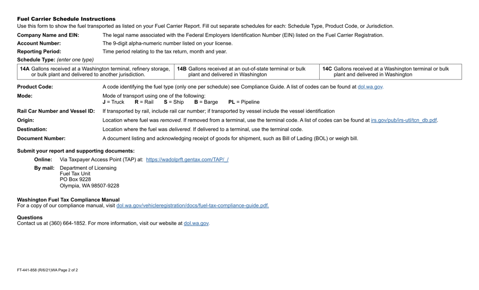 Form FT-441-858 Fuel Carrier Schedule - Washington, Page 2
